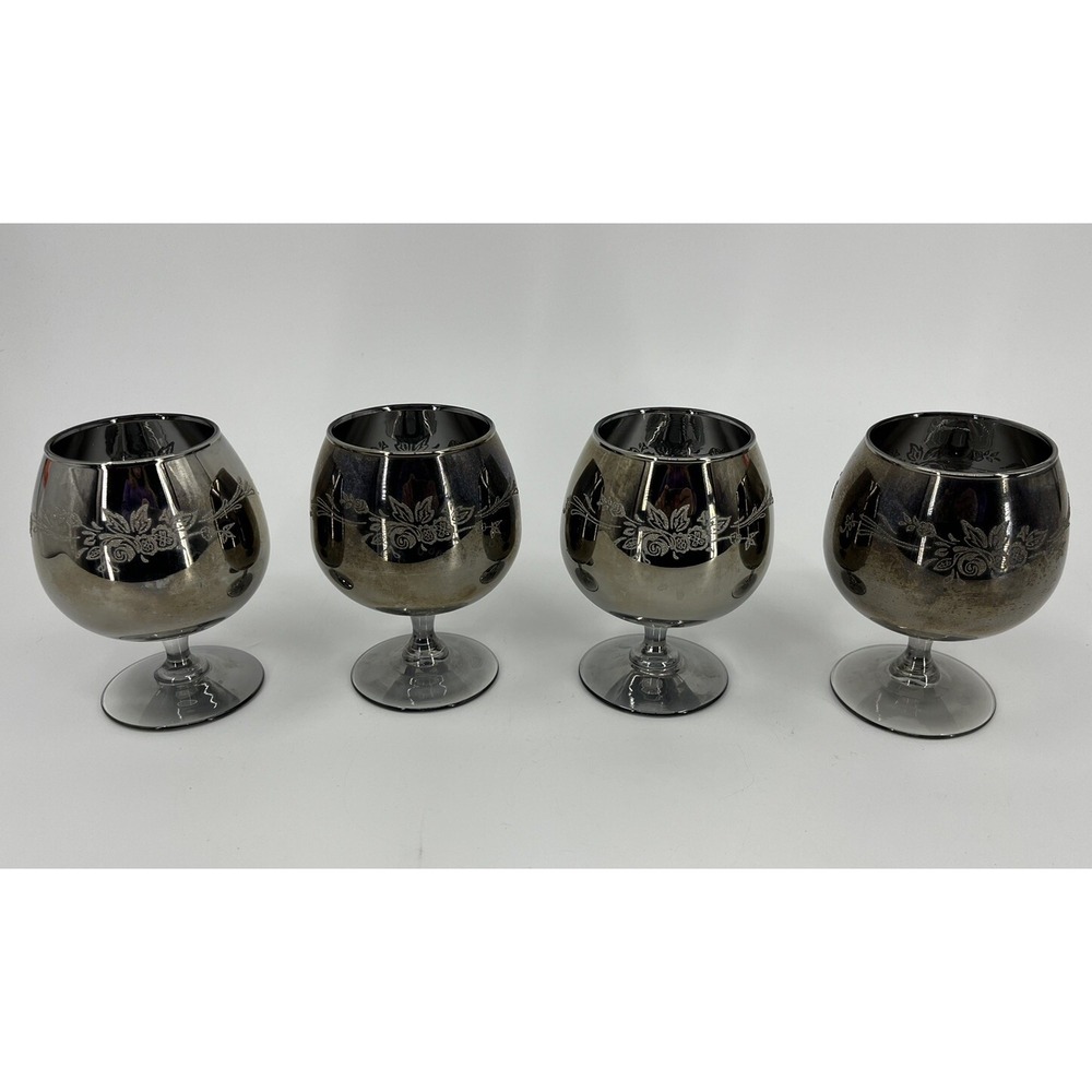 Mid-Century Modern Silver Fade Brandy Snifters Raised Floral Design Set of 4